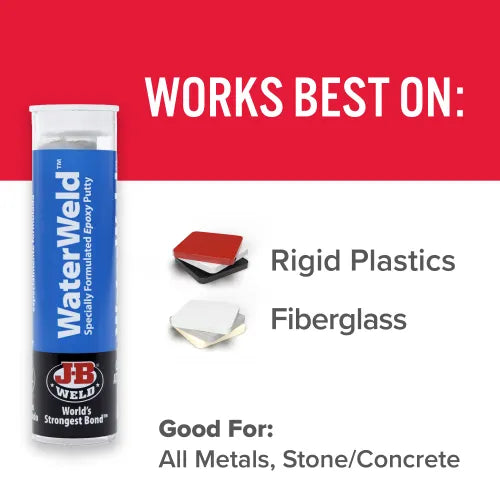 J-B WaterWeld™ Epoxy Putty - Specially Formulated Epoxy Putty for Plugging or Sealing Leaks In Water Tanks And Other Plumbing Repairs 2 oz SKU: 8277 J-B WaterWeld™ Epoxy Putty - Specially Formulated Epoxy Putty for Plugging or Sealing Leaks In Water Tanks And Other Plumbing Repairs 2 oz SKU: 8277